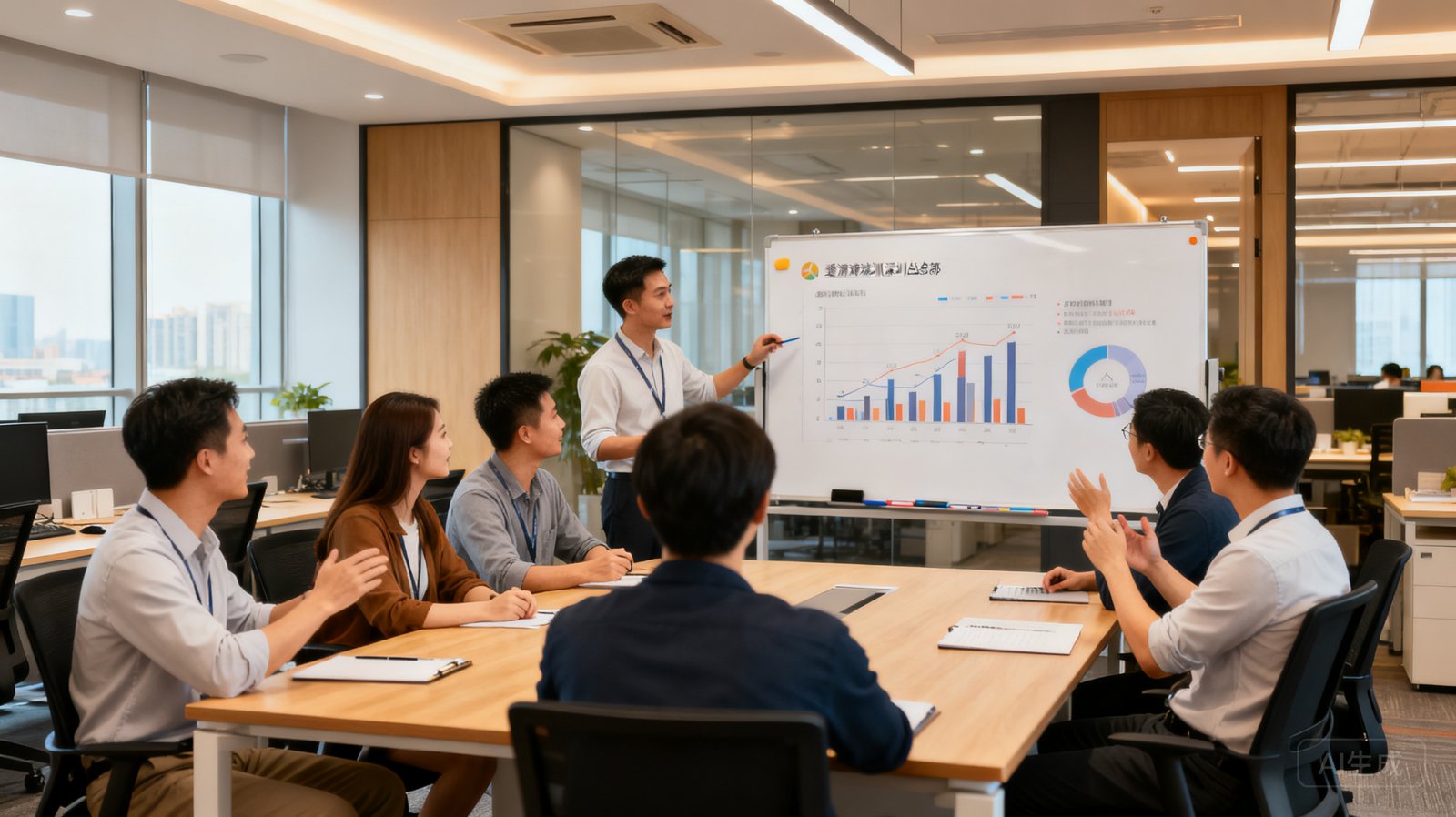 爱游戏深圳总部团队在明亮的开放式会议室中围坐，白板上画着数据分析图表，大家正在热烈讨论新功能。